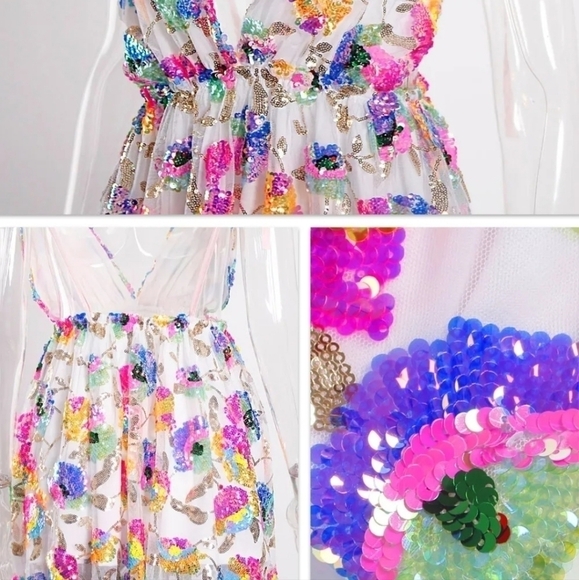 White Ditsy Floral, Embroidered,  Contrast Sequin Formal Mini Dress - Picture 8 of 11